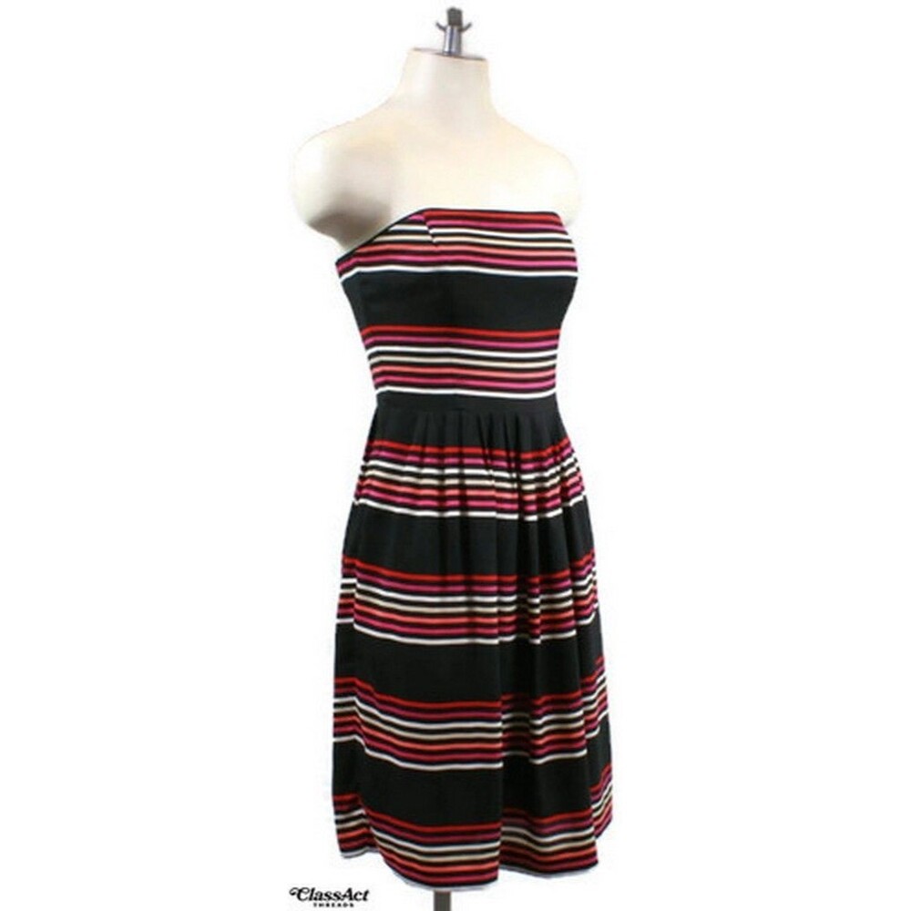 White House Black Market Strapless A-line Dress Black Striped Back Zipper Sz 2